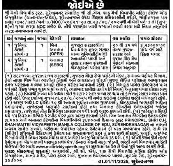 Shah Maitri Vidyapeeth Mahila College of Education Surendranagar Recruitment 2025